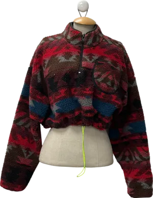 Urban Outfitters Red Plaid Fleece Crop Top Sweater Jacket UK L