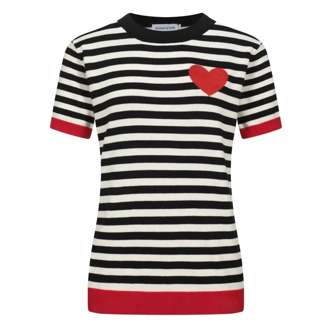 Vintage knit T-shirt for women with black stripes and hearts