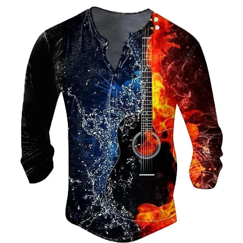 Vintage Men's T-Shirt Imitation Cotton Tee Rock Music Graphic Tees 3d Printed Long Sleeve Henley Shirt Oversized Men Clothing