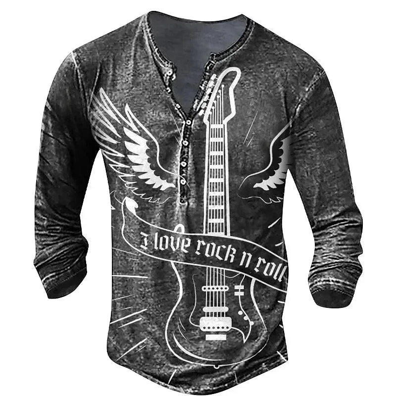 Vintage Men's T-Shirt Imitation Cotton Tee Rock Music Graphic Tees 3d Printed Long Sleeve Henley Shirt Oversized Men Clothing