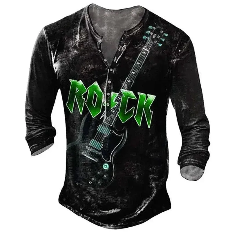 Vintage Men's T-Shirt Imitation Cotton Tee Rock Music Graphic Tees 3d Printed Long Sleeve Henley Shirt Oversized Men Clothing