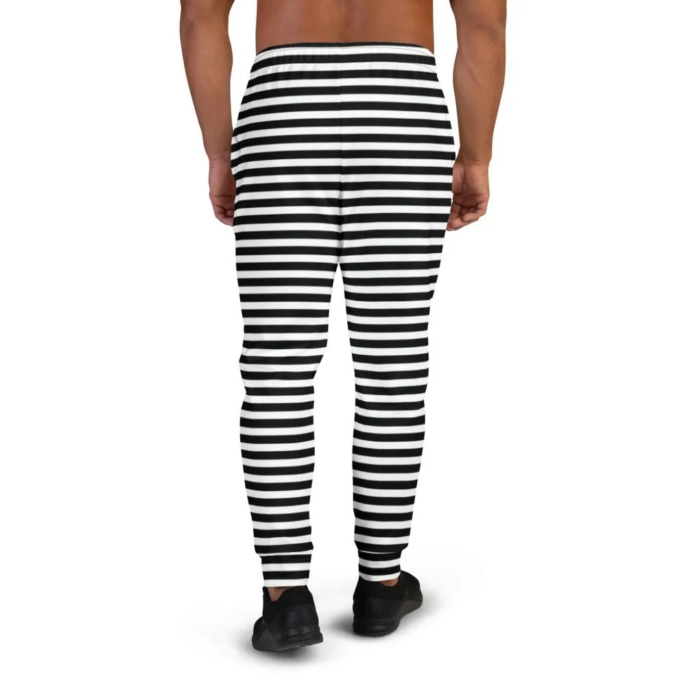 White Black Stripes Men's Joggers, Modern Horizontally Striped Comfy Pants-Made in EU/MX