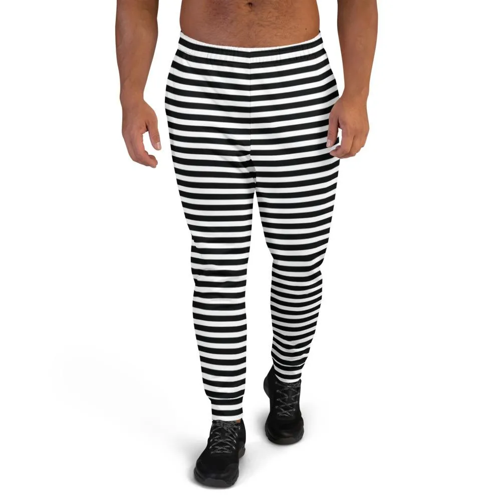 White Black Stripes Men's Joggers, Modern Horizontally Striped Comfy Pants-Made in EU/MX