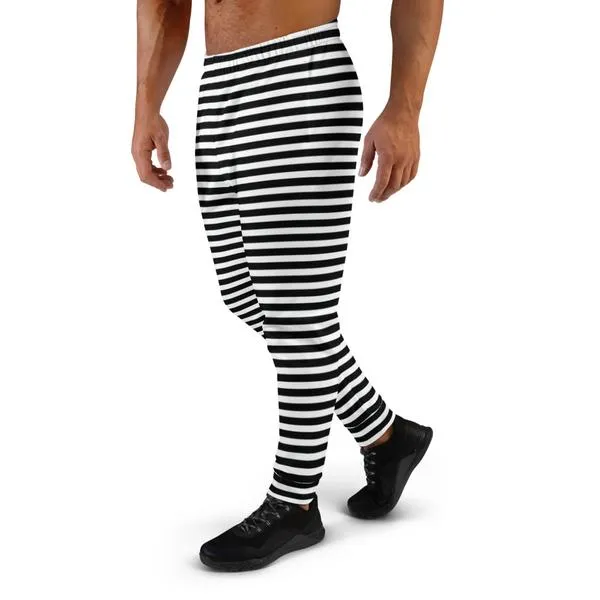 White Black Stripes Men's Joggers, Modern Horizontally Striped Comfy Pants-Made in EU/MX