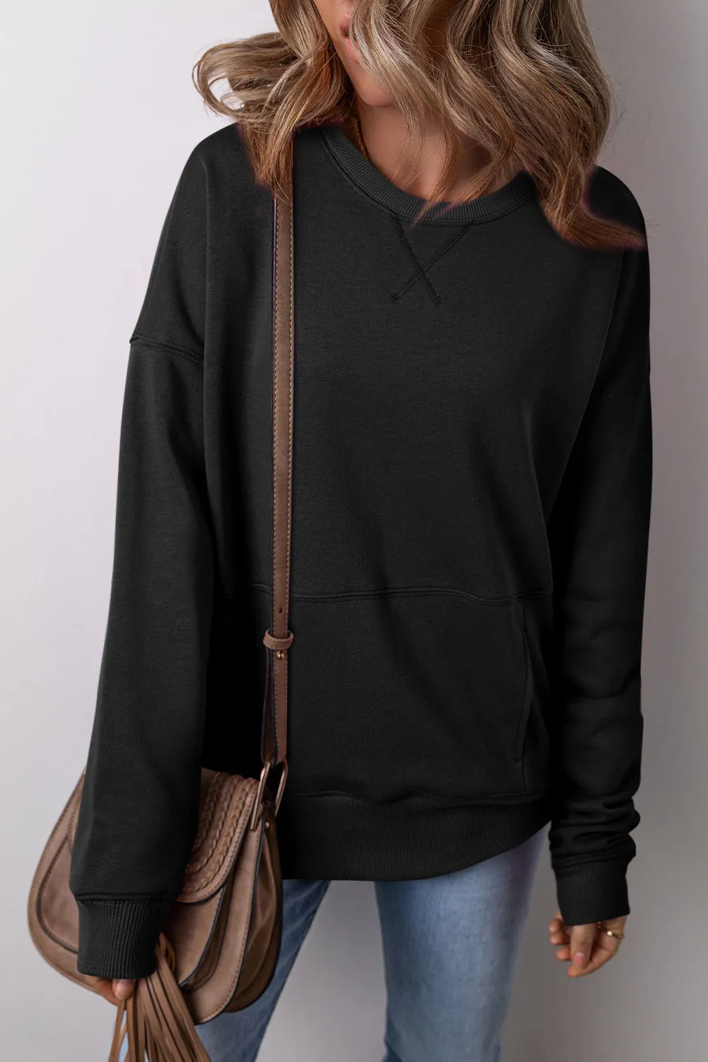 Womens Black Drop Shoulder Crisscross Stitching Pocketed Loose Sweatshirt