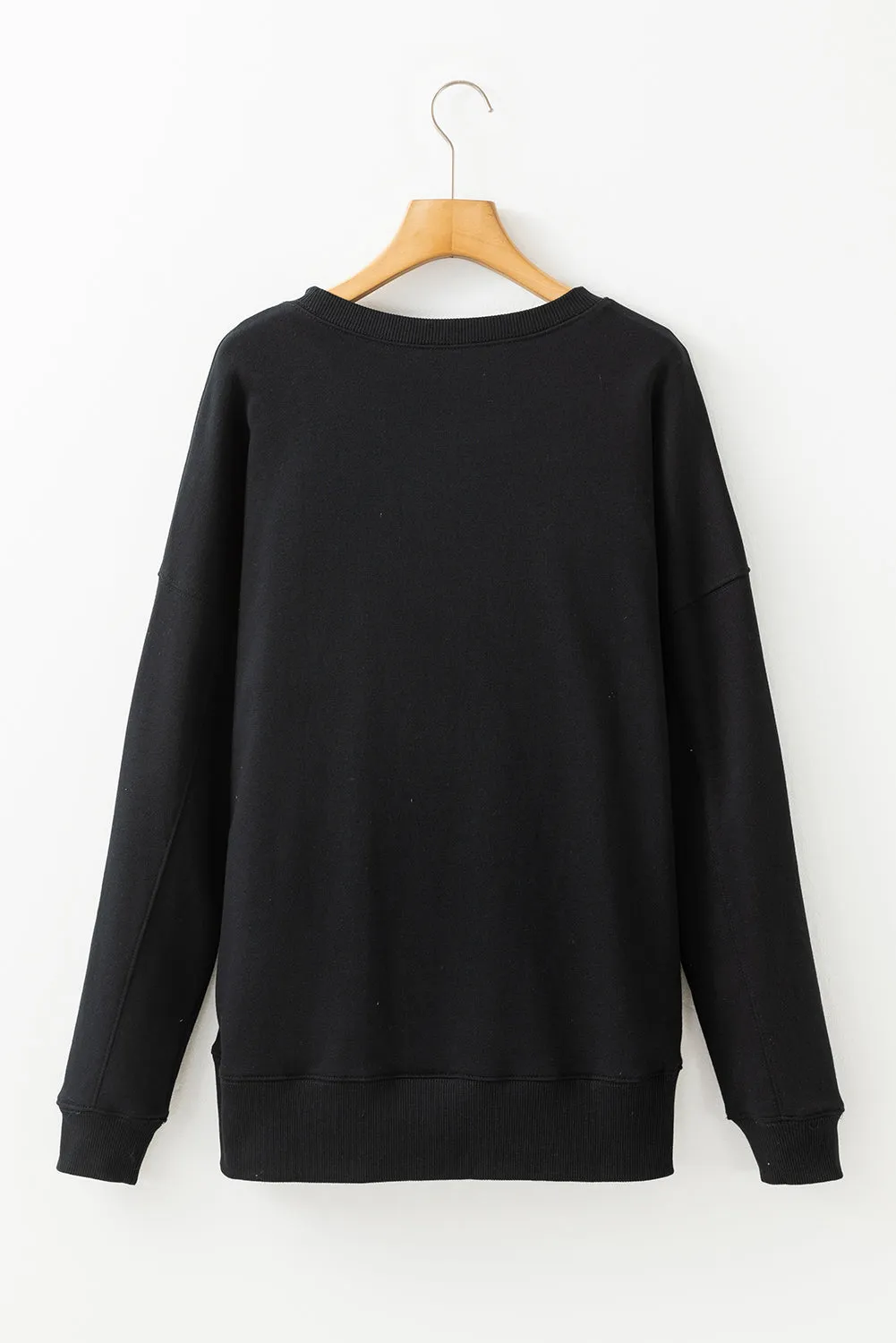 Womens Black Drop Shoulder Crisscross Stitching Pocketed Loose Sweatshirt