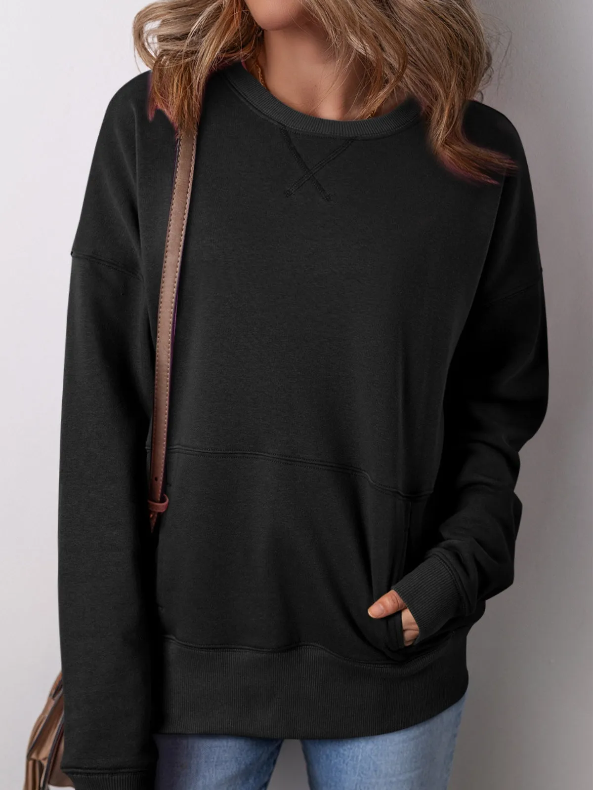 Womens Black Drop Shoulder Crisscross Stitching Pocketed Loose Sweatshirt