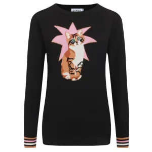 Women's black kitten jacquard striped knit sweater