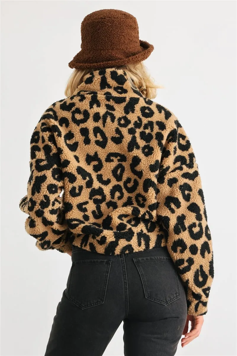 Women's Leopard teddy zip-up two pocket jacket